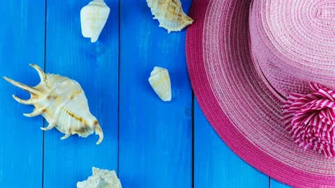4K view of straw hat and seashells Stock Footage 233164001