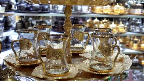 4K view of Turkish tea sets in the souvenir shop Stock Footage 86545847