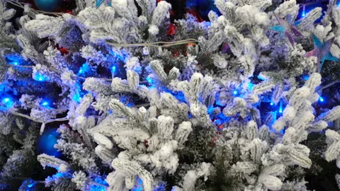 4K view of white christmas tree with blue garlands. Stock Footage 119903949