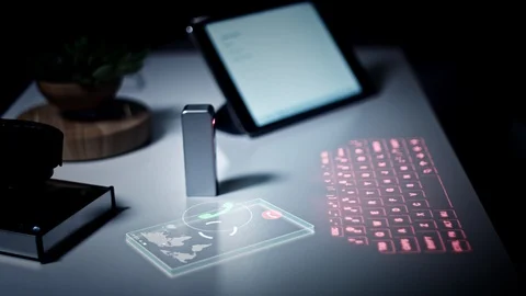 4K Virtual Laser Projection Keyboard In Office with Phone Animation Stock Footage 93578417