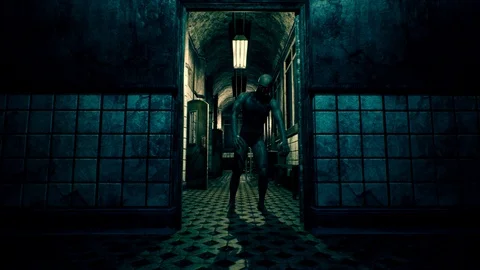 4K Walking Dead in Freaky Sanitarium Corridor Cinematic 3D Animation Stock Footage 90451241