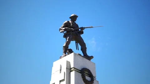 4K War Soldier Statue, Bronze Sculpture Monument on Granite Base,  Army Memorial Stock Footage 77956902