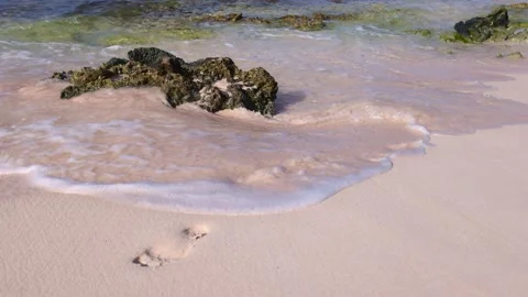 4K Wave washed away the footprints on the corals pink beach. Stock Footage 234783320