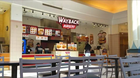 4K Wayback hamburger restaurant joint, food court Stock Footage 63834174