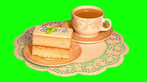 4k white coffee and small cream cake on saucers Stock Footage 50881690