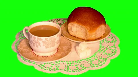 4k white coffee, big bun on saucers and sugar on paper napkin Video stock 50888093