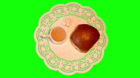 4k white coffee, big bun and sugar on paper napkin, top shot Stock Footage 51331453