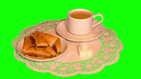 4k white coffee, chocolate puff biscuits on saucers and sugar on paper napkin Stock Footage 50891746