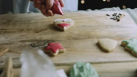 4K White Royal Icing Applied to the Santa Cookie Beard Stock Footage 342113615