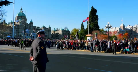 4K Wide Angle, Crowd and Canadian Soldier, Government Buildings Stock-Footage 44408485