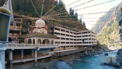 4K Wide angle static shot of Gurudwara Sahib Manikaran  Stock Footage 171809172