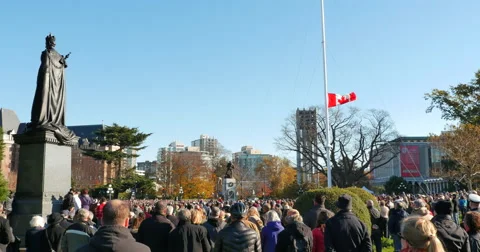 4K Wide Angle View of Remembrance Day Memorial Service in front of Cenotaph Stock Footage 44421500