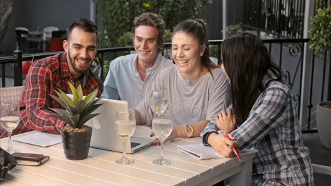 4k wide shot of multicultural group of university students watching internet vid Stock Footage 201094879