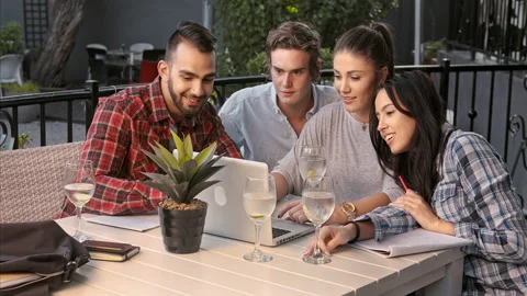 4k wide shot of multicultural group of university students watching internet vid Stock Footage 201097168