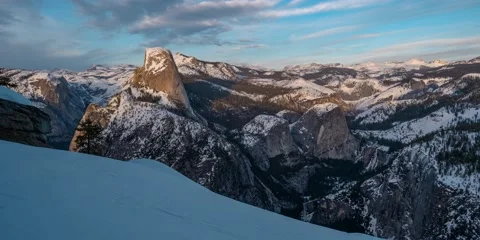4K Widescreen Winter Half Dome and High Sierra Sunset Time-lapse in Yosemite Nat Stock Footage 234159719
