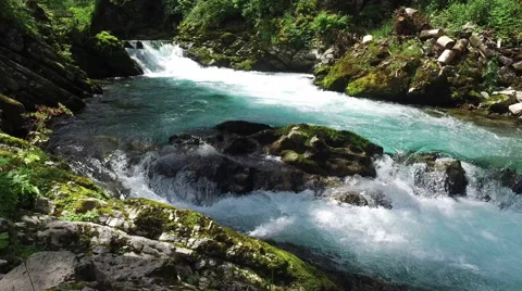 4K. Wild Radovna river flows in Vintgar Gorge. Clean blue water. 스톡 동영상 65213079