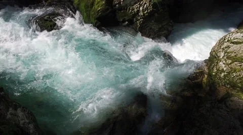 4K. Wild Radovna river flows in Vintgar Gorge. Clean blue water. Video stock 65317689