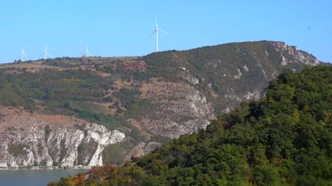 4K Wind farm river Danube Serbia Video stock 297874262