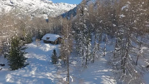 4K, winter landscape with cabin in forest with fresh snow, Valmalenco, Italy Stock Footage 264879147