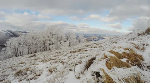 4k, Winter landscape in the mountains, the trees in hoarfrost, timelapse Stock Footage 46628780