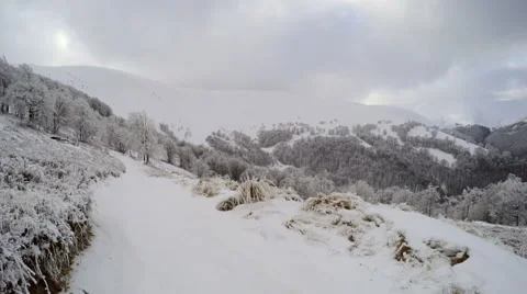 4k, Winter landscape in the mountains, the trees in hoarfrost Video stock 46858891