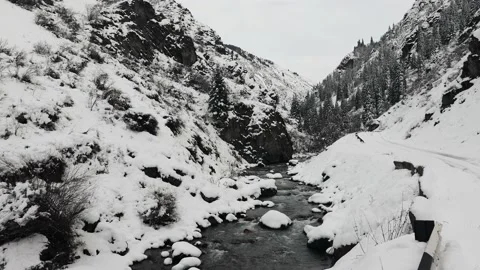 4K. Winter Mountain Stream. Mountain River. Winter Landscape Video stock 228732974