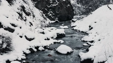 4K. Winter Mountain Stream. Mountain River. Winter Landscape Video stock 228732992
