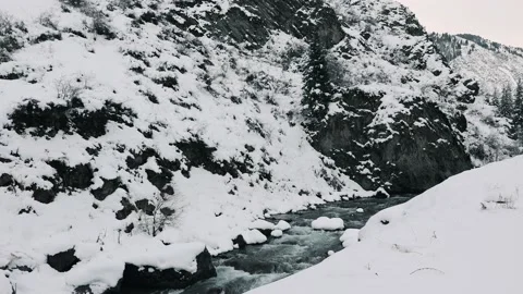 4K. Winter Mountain Stream. Mountain River. Winter Landscape Video stock 228733118