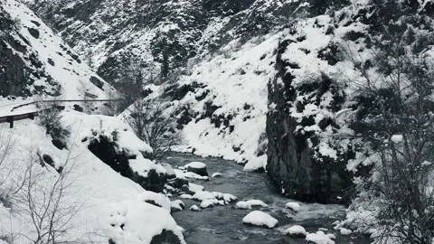 4K. Winter Mountain Stream. Mountain River. Winter Landscape Video stock 228733122