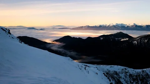 4K Winter Night Time Lapse Of Misty Valley Stock Footage 121332443