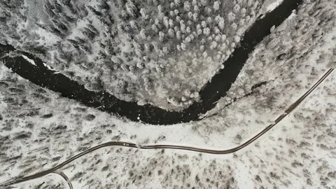 4k Winter Road and River Driving Aerial Drone View Stock Footage 154317873