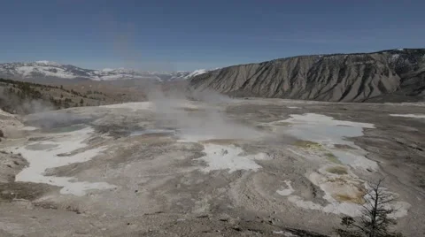 4K winter upper terrace Mammoth Spring natural steam Stock-Footage 48085613