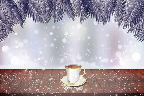 4k winter video snowfall with old wooden table and cup of tea. Stock Footage 124323954