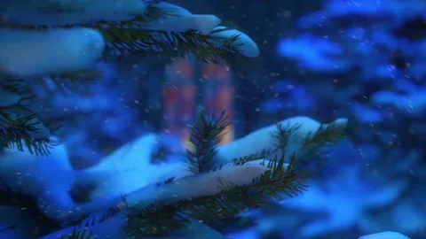 4K Winter village cottage landscape. Snow forest. Christmas tree. Snowfall. Wint Stock Footage