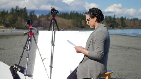 4K Woman Talking Interview on Beach, Broadcast TV Light Bounce Boards Reflecting Video stock 78948392