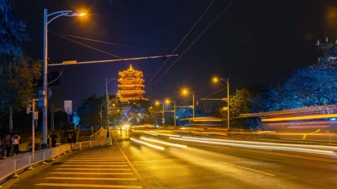 4K Wuhan Yellow Crane Tower Night Traffic Time Lapse 스톡 동영상 347345758