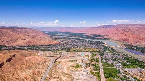 4K Yellow River Through Loess Plateau County Natural Aerial Timelapse Video stock 346567050