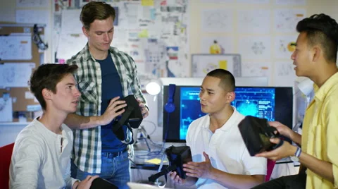 4K Young computer programmers trying out virtual reality viewers 스톡 동영상 54455464