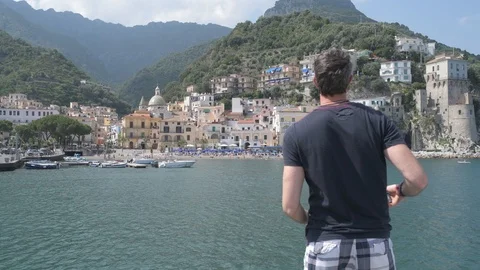4K young man taking selfie over Amalfi coast Stock Footage 92446969
