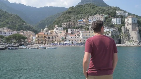 4K young man taking selfie over Amalfi coast Stock Footage 92447078