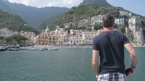4K young man taking selfie over Amalfi coast Stock Footage 92447133
