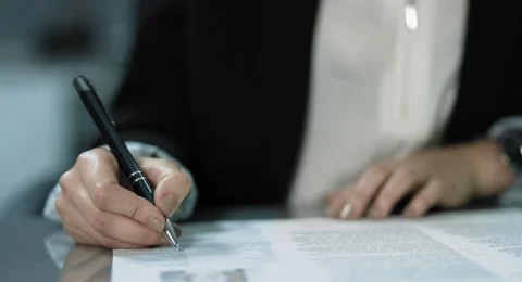 4K: A young manager is signing a contract at her desk. Stock Footage 66548380