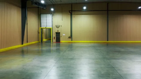 4K zoom out Cinematic empty space panorama, garage or storage commercial footage 스톡 동영상 165470301