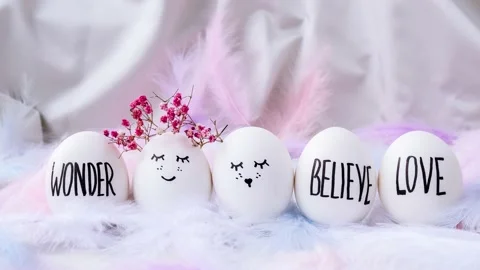 4k zoom in out Minimal easter concept. Easter eggs with painted smiley faces and Stock Footage 205190696