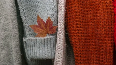 4k zoom in out Stack of cozy knitted warm sweater with Autumn fall maple leaf Stock Footage 217434050