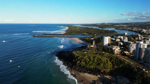 4K60 aerial pan left over Snapper Rocks at sunset in Tweed Heads, NSW, Australia Stock Footage 311607864
