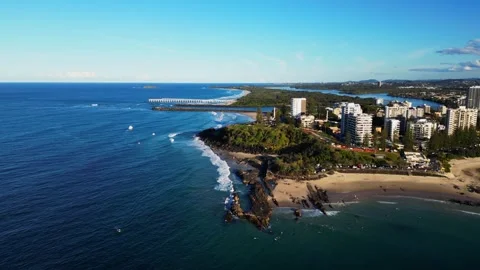 4K60 aerial pan over Snapper Rocks at sunset in Tweed Heads, NSW, Australia Stock Footage 311607911
