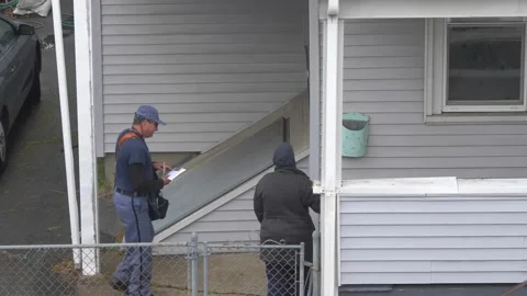 4K60fps Friendly dog walks with post office letter carrier to home's mail box Video stock 153638779