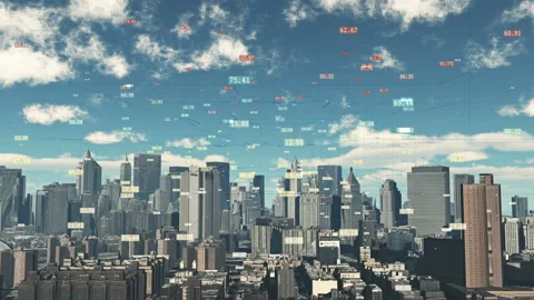 4k,Digital data,timelapse cloud fly over urban building and skyscrapers . Stock Footage 96735431