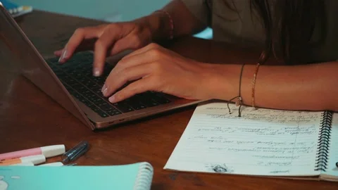 4k.Girl Student Working At A Computer. Close-Up Of Women's Hands Typing Video stock 139924711